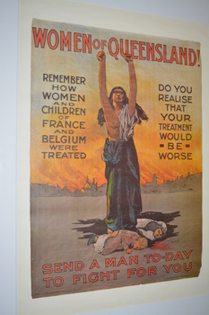 Colour poster of woman in tattered clothes with children at her feet