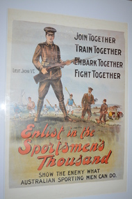  Colour poster of soldier holding rifle with men representing various sporting codes in background