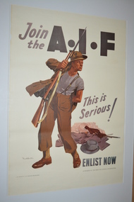 Poster of male holding rifle whilst changing into army uniform having discarded civilian clothing on ground behind him