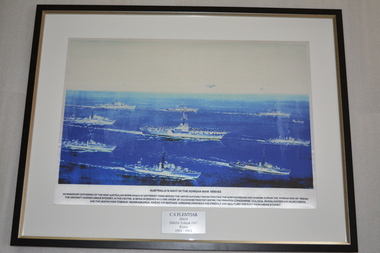 Black frame with cream mount containing a screen print on silk depicting 9 naval ships and 4 airborne aircraft at sea  