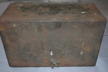 Green metal box housing telephone set.