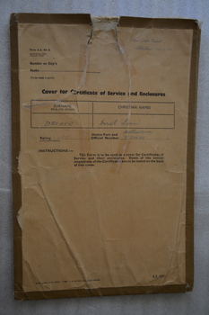 Brown bound cardboard cover for certificate of service and enclosures in the Royal Australian Navy. 
