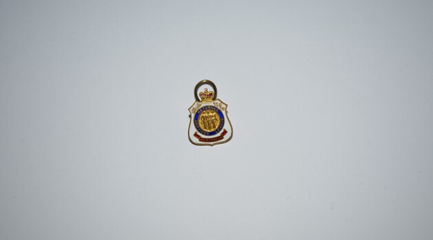 Shield shaped badge with crown on top.  White enamel with blue circle in centre above red colour scroll. 