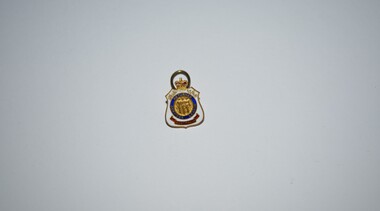 Shield shaped badge with crown on top.  White enamel with blue circle in centre above red colour scroll. 