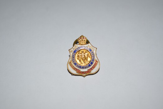 Gold badge with crown on top, blue circle in the middle with image in gold centre, red banner at bottom surrounded in white enamel. 