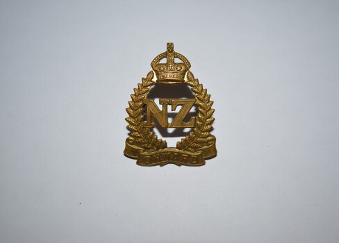 Gold colour metal badge takes the form of a laurel wreath surmounted by a crown. In the centre are the voided letters 'NZ'.