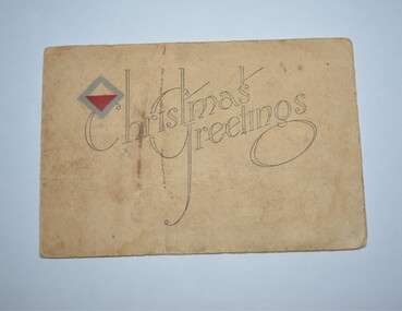 Cream coloured cardboard card with red white and grey symbol top left corner above two words in black print