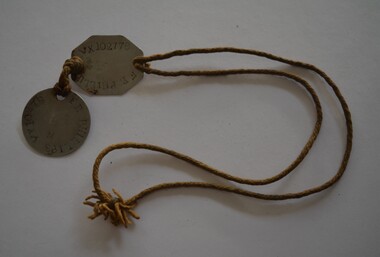 Length of cord with two silver metal discs attached.