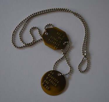 Two  metal discs one attached to short chain which is attached to second disc on long chain.