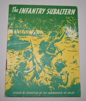 
Green yellow and white soft cover booklet containing 20 pages. Front cover depicts three soldiers and a tank in foreground of river and palm trees.
