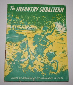 
Green yellow and white soft cover booklet containing 20 pages. Front cover depicts three soldiers and a tank in foreground of river and palm trees.
