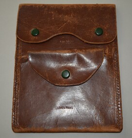 Brown leather pouch consisting of two separate compartments with front flaps affixed with metal press down studs.