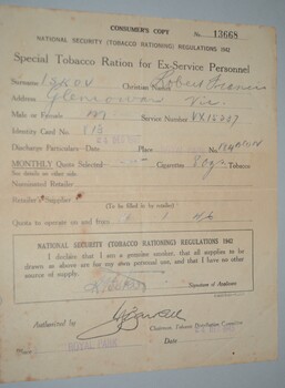 Black printed form for special tobacco ration for ex service personnel on cream colour paper including personal details. 