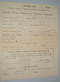 Black printed form for special tobacco ration for ex service personnel on cream colour paper including personal details. 