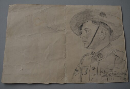  Lead pencil chest high sketch of soldier in Australian Army Uniform on cardboard.