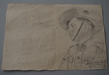  Lead pencil chest high sketch of soldier in Australian Army Uniform on cardboard.