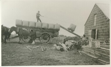 Black and white photograph, Loading wool at Lake Bolac