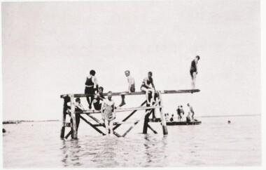 Black and white photograph, Diving Board, 2nd Beach, Lake Bolac