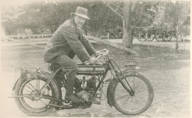 Black and white photograph, Alexander Howlett on his JAP motorbike, Wickliffe