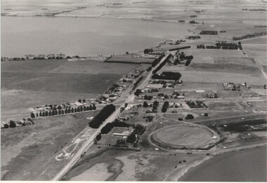 Black and white photograph, Aerial view of Lake Bolac township, circa 1970