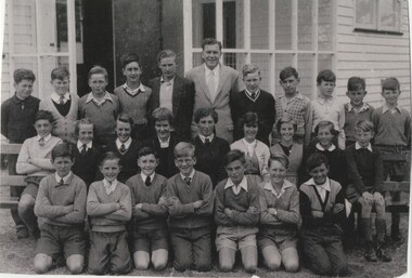 Black and white photograph, First intake of students, 1957, to the Lake Bolac Higher Elementary School