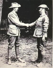 Black and white photograph, Pte Donald Murray meeting Pte Ray Hargreaves in London during WW1