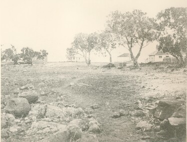 Black and white photograph, "Lake Boloke" homestead and the dry shore-line of Lake Bolac, circa 1855