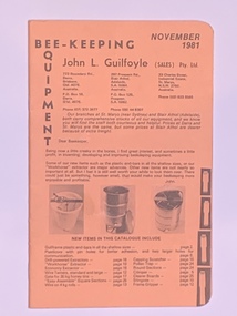 Publication, Bee-Keeping Equipment (John L Guilfoyle (Sales) Pty Ltd), November 1981