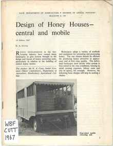 Publication, Cutts, N. A, Design of Honey Houses- central and mobile (Cutts, N. A.), Sydney, 1967