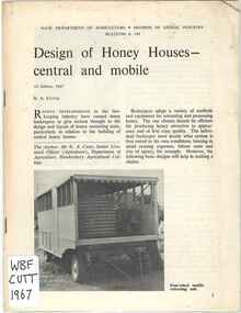 Publication, Cutts, N. A, Design of Honey Houses- central and mobile (Cutts, N. A.), Sydney, 1967, 1967