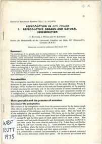 Publication, Ruttner, F., Woyke, J. & Koeniger, N, Reproduction in Apis Cerana 2. Reproductive organs and natural insemination (Ruttner, F., Woyke, J. & Koeniger, N.), London, 1973