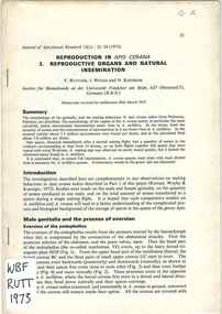 Publication, Ruttner, F., Woyke, J. & Koeniger, N, Reproduction in Apis Cerana 2. Reproductive organs and natural insemination (Ruttner, F., Woyke, J. & Koeniger, N.), London, 1973, 1973