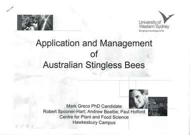 Publication, Greco, M., Spooner-Hart, R., Beattie, A. & Holford, P, Application and management of Australian stingless bees (Greco, M. et al.), Sydney, [nd]