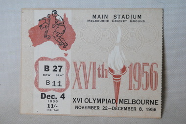 Ticket, XVIth Olympiad Melbourne Ticket, 1956