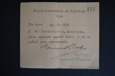 Press Pass, Government Printers, Royal Commission on Espionage, 1954