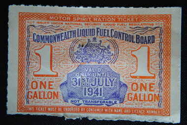 Ration Ticket, Commonwealth Government of Australia, Dept of Supply & Development, Motor Spirit Ration Ticket, Valid to 31 July 1942