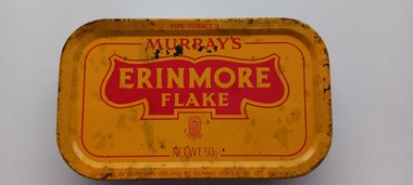 Yellow container lid with red logo for Murray's Erinmore Flake Tobacco.