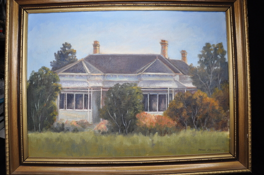 Painting of a house with a red roof surrounded by trees