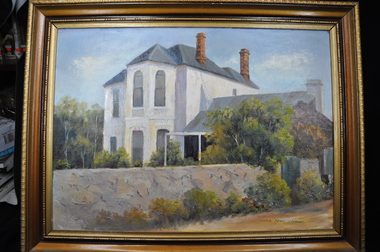 Painting of a white house behind a wall and surrounded by trees