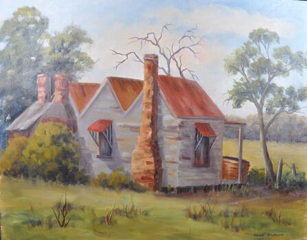 Painting of a white building with brown roof and chimney. Trees in Background. 