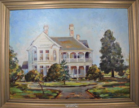 Painting of a white house with a brown roof surrounded by trees in a gold highlighted frame