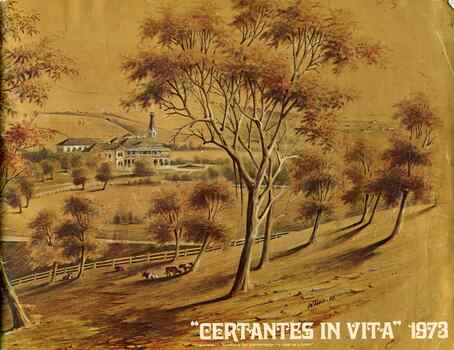 Sepia painting of huts in the background, a house centre left, trees and cattle in the foreground.