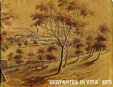 Sepia painting of huts in the background, a house centre left, trees and cattle in the foreground.