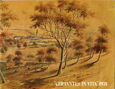 Sepia painting of huts in the background, a house centre left, trees and cattle in the foreground.