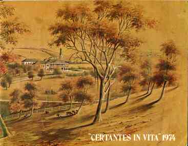 Sepia painting of huts in the background, a house centre left, trees and cattle in the foreground.