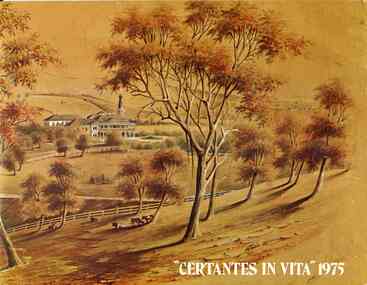 Sepia painting of huts in the background, a house centre left, trees and cattle in the foreground.