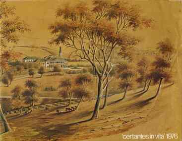 Sepia Painting of huts in the background, a house centre left, trees and cattle in the foreground.