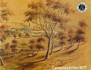Sepia painting of huts in the background, A house centre left, Trees and cattle in the foreground