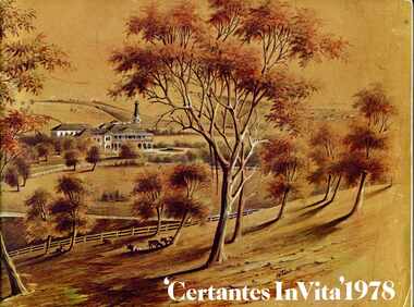 Sepia painting of huts in the background, a house at centre left, trees and cattle in the foreground.
