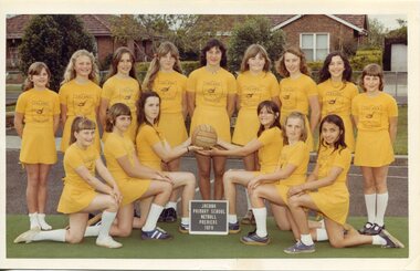 Formal team photograph with children all dressed in yellow in two rows. The front row is kneeling, the two children centre are holding a netball